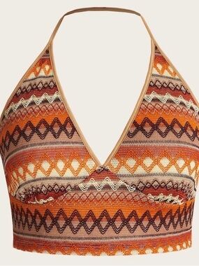 SHEIN Multicolor Striped Crochet Halter Top - Orange, Brown & Cream